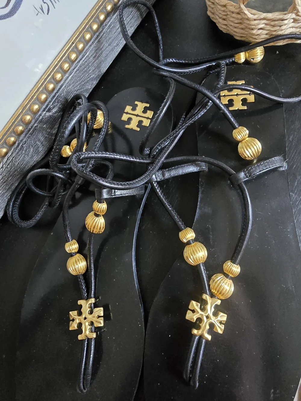 Tory Burch Women’s Capri Flat Lace Up Sandals Gold And Black 10